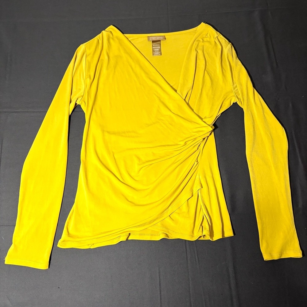 Miss Tina by Tina Knowles Blouse Top Women S Chartreuse Yellow Stretch Faux Wrap